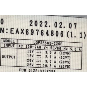 FUENTE PARA TV LG / NUMERO DE PARTE EAY36152601 / EAX69764806 / 36152601 / GN4JA361526014979 / 2CPRSL6M-0001 / LGP555G2-220P / MODELO OLED55G2PUA.DUSQLJR